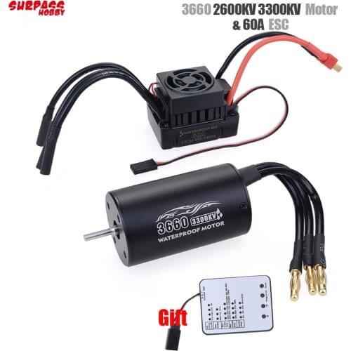 Surpass Hobby RC 3660 2600KV 3300KV Sensorless Brushless Motor with 60A ESC & LED Programming Card for 1/10 RC Truck Monster
