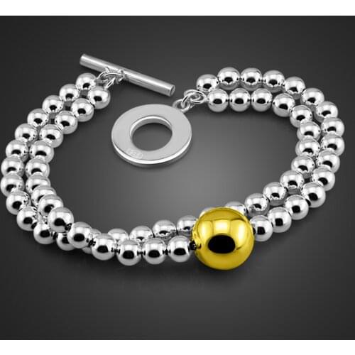 Fashion Bohemia Double Beads 100% 925 Sterling Silver Bracelet Woman Hyperbole 13 MM Gold Ball Bangle Fine Jewelry Gifts