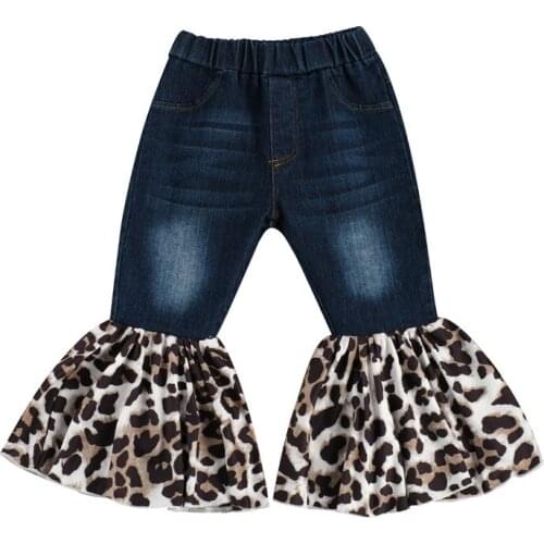 Kids Girls Flare Pants Jeans 2-7Y Elastic Waist Leopard Patchwork Boot Cut Denim Long Trousers