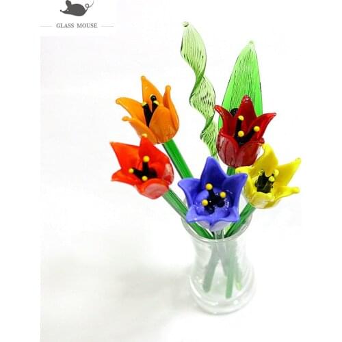 Colorful Long Stem Murano Glass Flower Lovely Ornaments Wedding Valentines Day Holiday Party Romantic Gifts For Home Vase Decor
