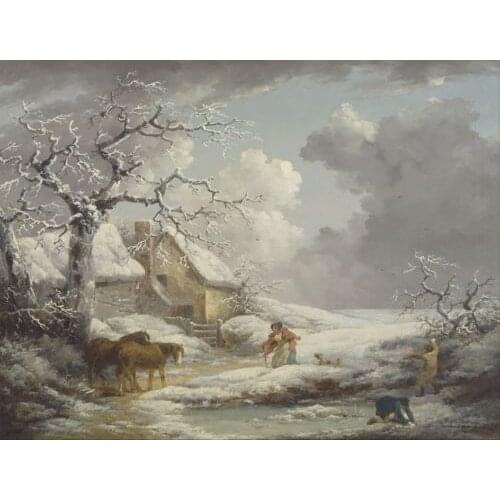 Oil painting "old woman,man,boy,horses,dog,snow landscape"