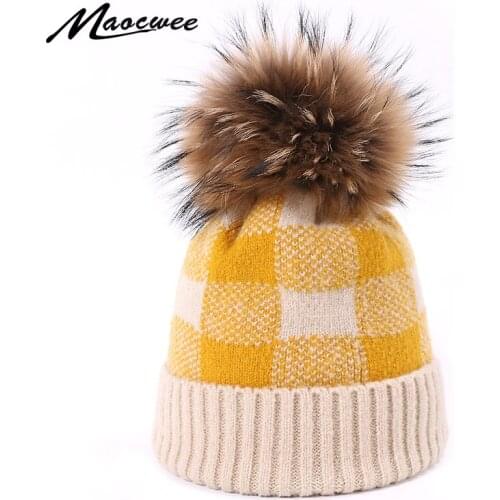 Classic Plaid Beanie Hats With Real Fur Pompon For Women Men Winter Outdoor Warm Knitted Cap Thick Headwear Skullies Beanies Hat