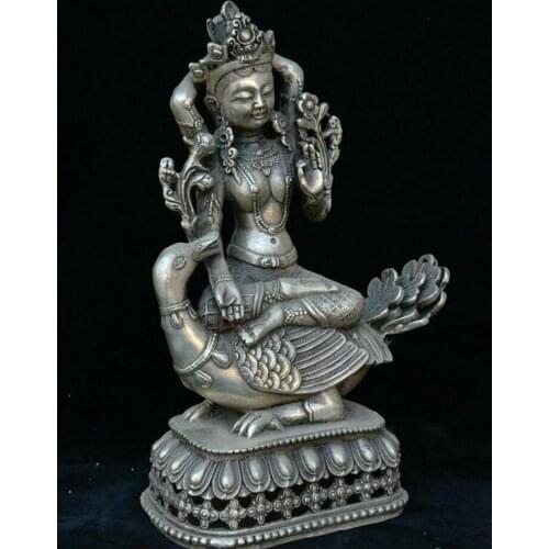 8" Collect Antique Tibet Buddhism Silver 4 Arms Chenrezig Goddess Buddha Statue