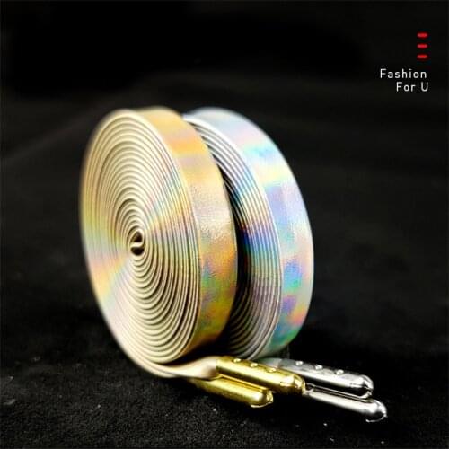 2PCS Laser Gold Silver PU Leather Flat Shoelaces 120cm Reflective Women Men Sports Casual Basketball Boot Shoes Laces Strings