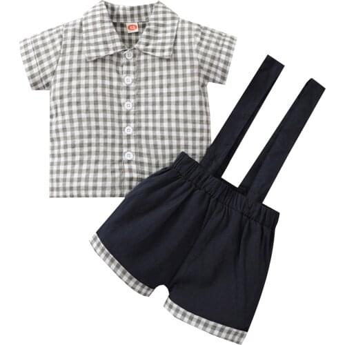 Baby Boys Two-piece Clothes Set, Grey Plaid Printed Pattern Turn-down Collar Tops and Suspender Trousers