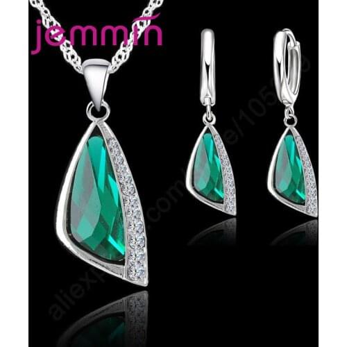 New 925 Sterling Silver Green CZ Stone Jewelry Set Necklace & Hoop Earring for Women Wedding Luxury Jewelry Party Gift