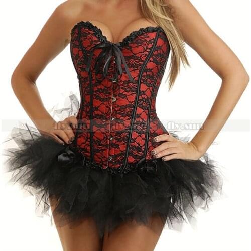 Red Lace Burlesque Overbust Corset Lace up Bustier Sexy Lingerie + TuTu Skirt S M L XL 2XL