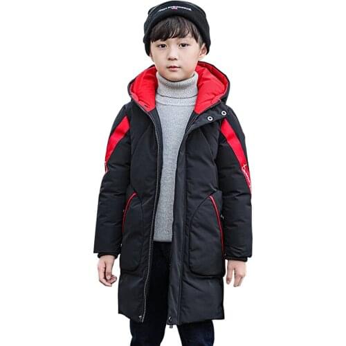 Boys winter mid-length thick down padded jacket boys letter ribbon plus fleece hooded warm casual cotton jacket boys new jacket