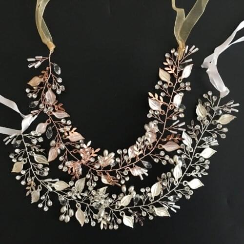 SLBRIDAL Ribbon Handmade Crystal Pearls Flower Leaf Wedding Jewelry Tiara Hair Vine Bridal Headband Hair accessories Bridesmaids