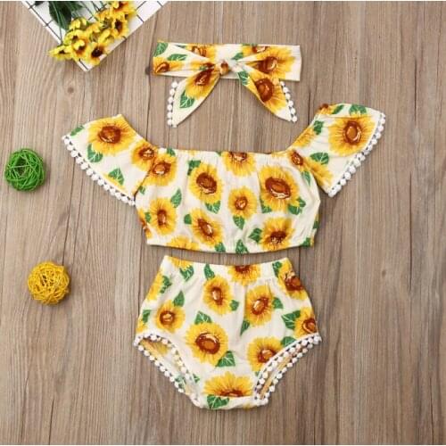 Summer 3pcs Cute Newborn Infant Girl Clothes Sunflower Tops+Shorts+Headband Outfits Set wholesale dropshipping