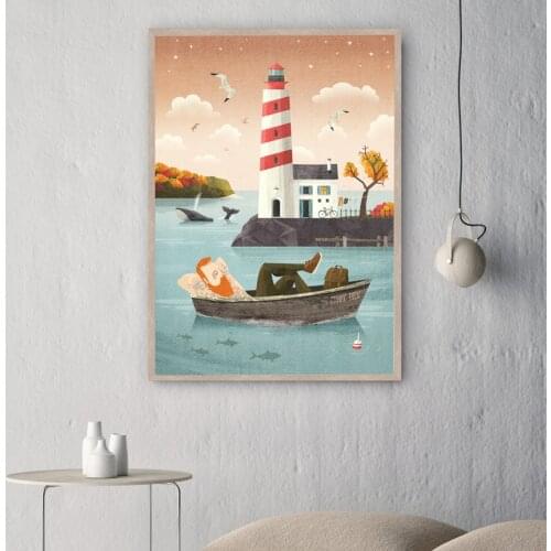 Sea Beach Minimalist Art Lighthouse Whale Nordic Canvas Poster Painting Cartoon Landscape Wall Picture Modern Home Room Decor