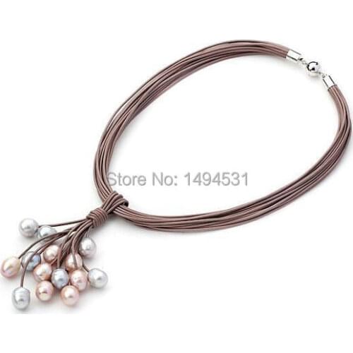 Wholesale Pearl Jewelry Brown Leather Necklace Multi-Strand Multi-Color Freshwater Pearl Necklace - Handmade Jewelry - XZN138
