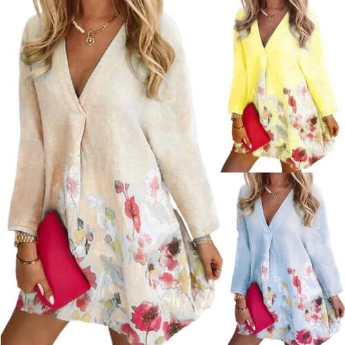 Sexy Formal Office Lady Dress Vintage Summer Women Linen Dress Flax Sukienka Elegant Long Sleeve Deep V Neck Dress A Line Floral