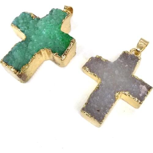 Natural Stone Agates Cross shape Pendants Crystal Cluster Necklace Pendant for Jewelry Making DIY Necklace Accessories28X41mm