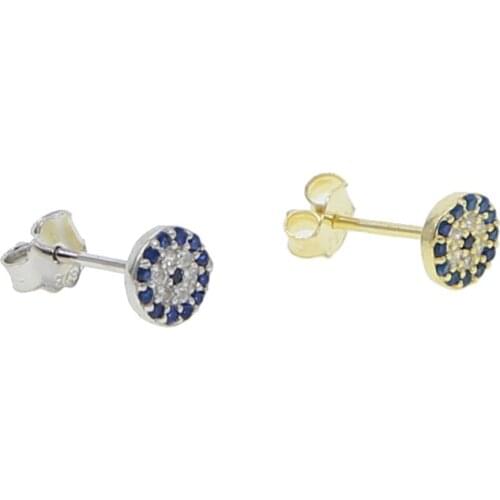 Silver gold color micro pave blue white cz evil eye disco round dots simple round cz stud earring 925 sterling silver jewelry