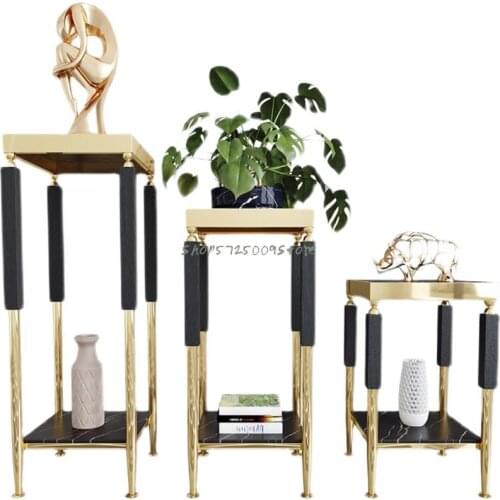 Light luxury flower stand decoration living room TV wall floor-standing stainless steel solid wood slate flower table simple sto