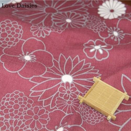 Cotton/Polyester DARK RED Sand Washing Big White Flower Printed Fabrics Tissue for DIY Cushion Curtain Tablecloth Home Decor