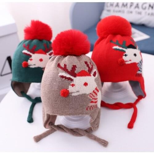 Baby Boy Girl Knitted Hat Christmas Reindeer Skullies Beanies Autumn Winter Warm Toddler Kids Hats and Caps Fur Ball Woolen Hat