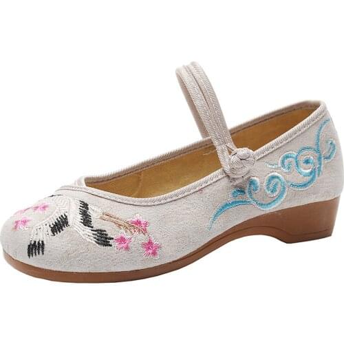 YourSeason Crane Embroidered Ladies Casual Canvas Mary Jane Shoes Low Cut Women Comfort Teachers Flats Girls Cotton Ballerinas