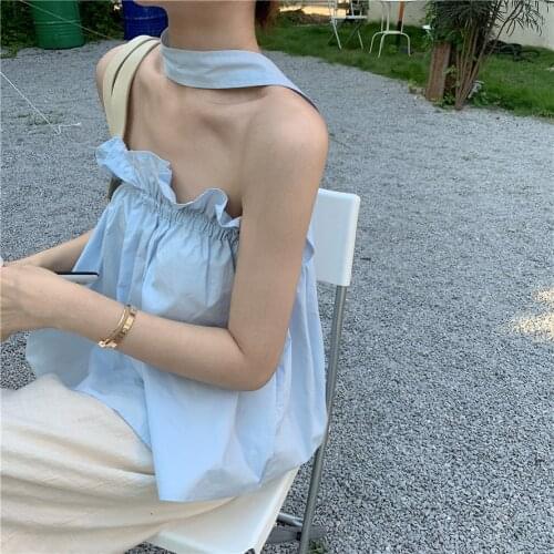 Elegant Solid Halter Neck Crop Tops Womens 2021 Summer Fashion Sleeveless Korean Style Off Shoulder Slim Loose Tank Tops Street