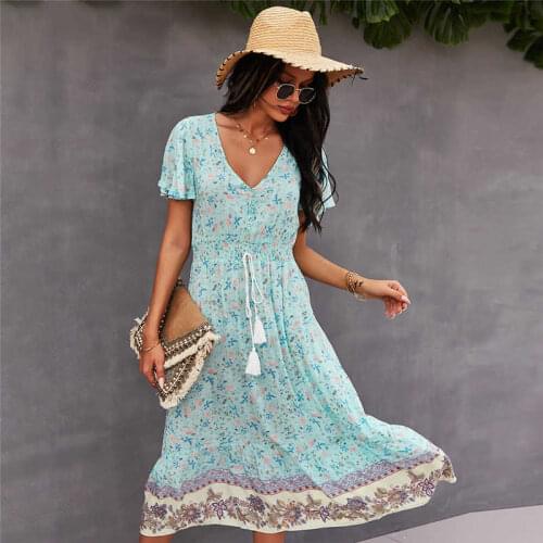 2021 Spring New Bohemian Floral Dress Women Casual V Neck Tassel Bandage Print Dress Ladies High Waist Summer Dresses