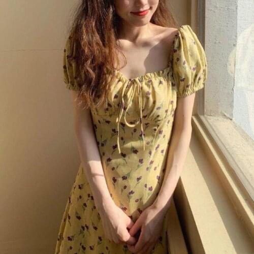 Women Dress Floral Print Square Neck Strappy Ruffled Slim Dress Casual Ladies Elegant Dress One Piece Clothing