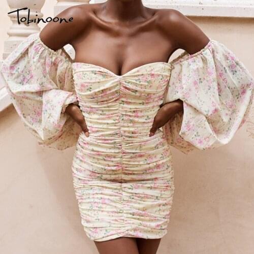 Tobinoone Autumn Dress 2020 Retro Sexy Club Women Off Shoulder Floral Print Mini Sexy Dress Puff Sleeve Party dress Vestidos