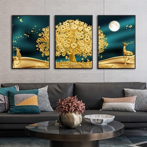 Golden Art Deer Money Tree Wall Picture Islamic Wall Art No Frame Abstract Moon Canvas Printing Poster Still life