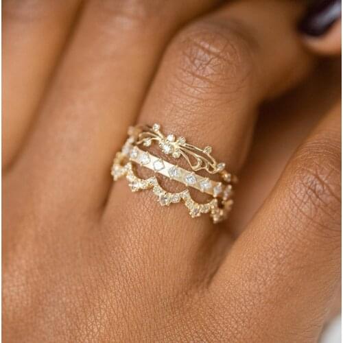 3pcs/set Female Crysdtal Stone Ring Set Gold Color Stacked Rings for Women Engagement Wedding Ring Party Jewelry