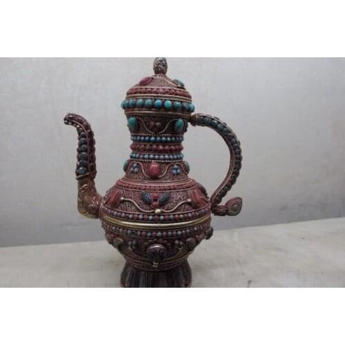 9 Tibet style Gilt Copper Silver inlay turquoise coral gemstone flagon Wine Pot