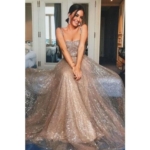 Shiny A-Line Prom Dresses Champagne Sequin Straps Sleeveless Party Dresses vestidos de fiesta largos elegantes de gala