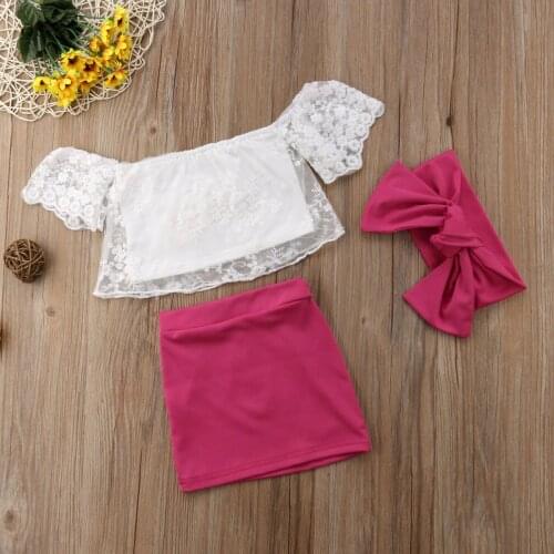 Kids Baby Girls Off shoulder Lace Floral Tops T shirt+ Rose Red Skirts 3pcs Outfits Set