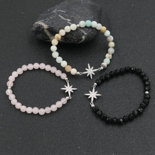 Elegant Women Bracelet Micro CZ Hexagram Star Bracelet For Women Pink Quartz Beads Elastic Bracelets Men Jewelry Lovers' Gift