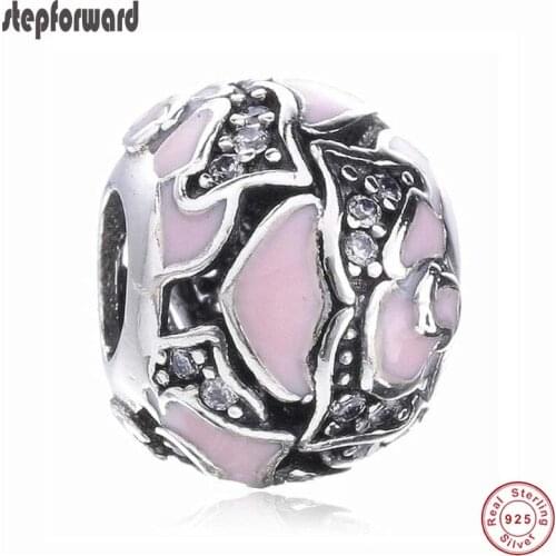 Popular High Quality Classic Pink Enamel And CZ Paving 925 Sterling Silver Bead Charm Fit European Famous Bracelet