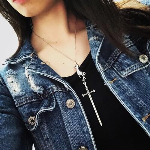 Gothic Necklace For Women Sword Pendant Long Necklace Silver Color Tarot Occult Dark Jewelry 2021 Trends Jewellry VGN011