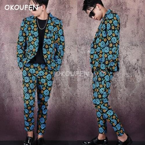 Fashion New Mens Slim Print Suit tide nightclub bar male singer show party costumes mens hair stylist suit The hot set