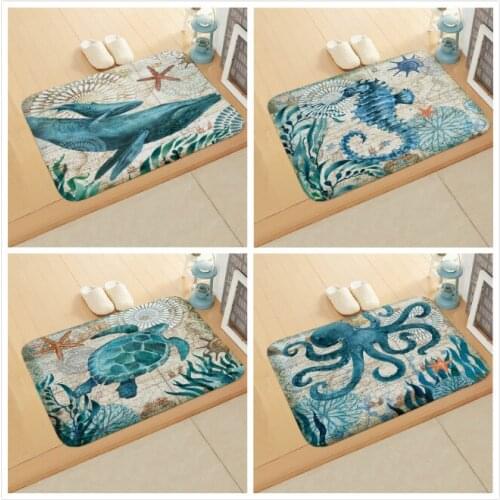Retro Marine Life Print Entrance Door Mat Water Absorption Non Slip Kitchen Cartoons Rug Restroom Mats Bathroom Home Decor