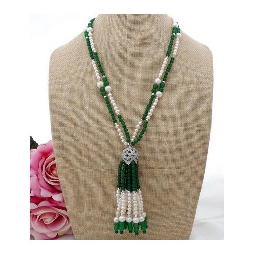 Free shipping 21" White Pearl Green Jade CZ Necklace Pendant 925 silver
