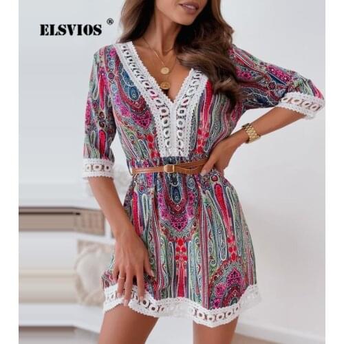 Summer Sexy Lace Printed V Neck High Waist Fashion Dresses Slim Elegant Half Sleeves Casual A-line Dresses Beach Party Vestidos