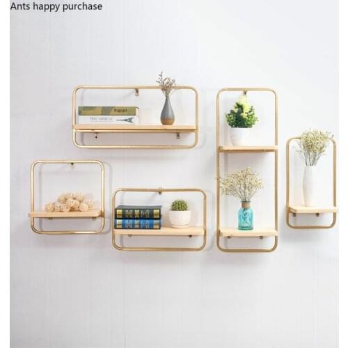 Wall Shelf Golden Wrought Iron Bookshelf Wall Decoration Background Display Wall Hanging Storage Rack Potted Plant Display Stand