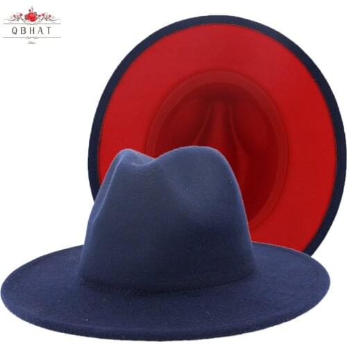 QBHAT British Navy Blue Red Patchwork Felt Jazz Hat Cap Men Women Flat Brim Wool Blend Fedora Hats Panama Trilby Vintage Hat