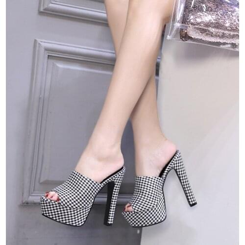 Summer Shoes Woman Footwear Peep Toe Chunky Heel Women PU Plaid Sandals Mules Female Casual Comfortable Thick Heels Slippers