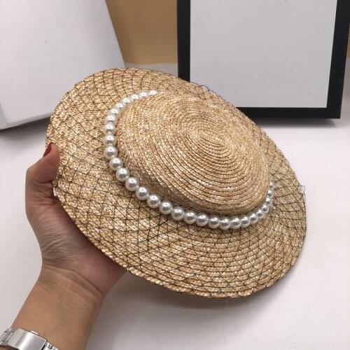 Girl Fashion Elegant Sombrero Straw Lady Pearl Mesh Decoration Straw Hat Retro Tide Beach Sun Shade Womens Summer Cap