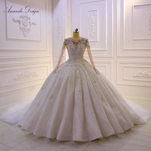 Amanda Design robes de soiree longue Long Sleeve Lace Appliqued Crystal Ball Gown Wedding Dress