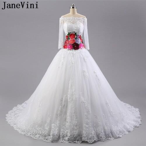 JaneVini Gorgeous Long Sleeves Wedding Dresses Embroidery Flowers Pattern Ball Gown Plus Size Muslim Bridal Gowns Robe De Mariee