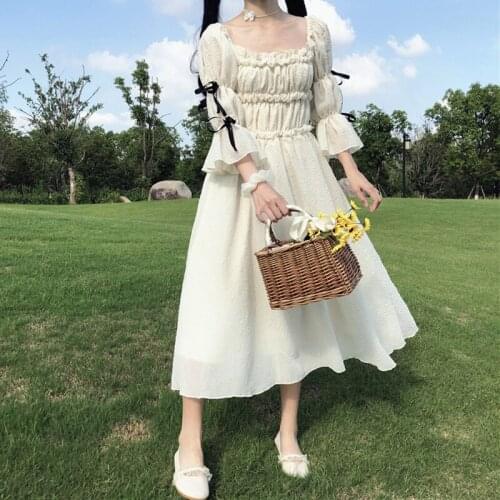 Japanese Sweet Square Collar Pleated Slim-Fit High Waist Bow Lace-up Bell Sleeve French Dress Female Summer gothic lolita dress