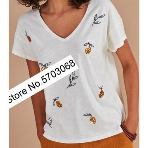 Elfstyle Ladies Cotton V Neckline Short Sleeve Tees Top With Lemon Embroidery Applique Detail - Women V-Neck T-shirt