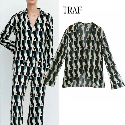 TRAF Za 2021 Women Shirt Print Button Up Blouses Single Breasted Turn Down Collar Blouses Long Sleeve Asymmetric Hem Chic Shirt