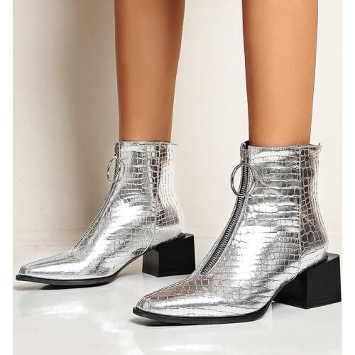 YMECHIC 2020 Silver Black Embossed Womens Boots Ankle Square Heels Zipper Block Heel Winter Shoes Women Snake Print Ankle Boots