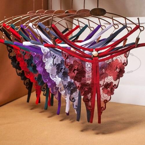 Hot Womens Sexy Underpants Flower Embroidery Hollow Transparent Mesh Thong Temptation Low Waist Femme Lingerie Briefs